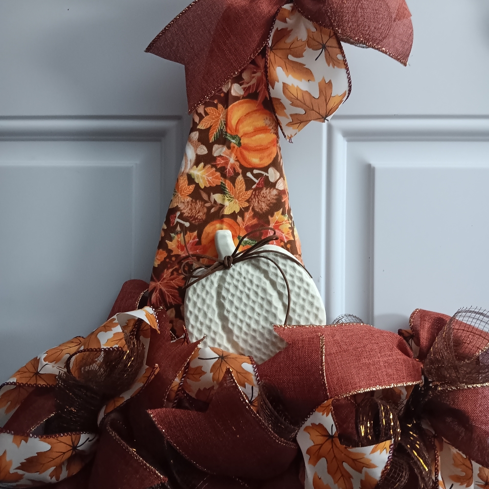 Charming & Cute Handcrafted Fall Wreath With Pumpkin & Leaf accents.